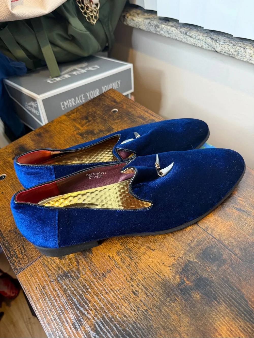 CMM royal blue velvet loafers gold-toned spike detail on the vamp Size 15